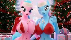 16:9 3d_(artwork) aloe_(mlp) anthro big_breasts breasts christmas christmas_tree clothing digital_media_(artwork) duo female female/female friendship_is_magic hasbro hi_res huge_breasts looking_at_viewer lotus_blossom mammal my_little_pony smile symm widescreen