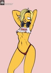 adventure_time anthro blonde_hair breasts bronwyn brown_nipples cartoon_network clothing featureless_eyes female fours_(artist) hair headphones hi_res low_cut_shirt nipples panties solo under_boob underwear yellow_body yellow_skin