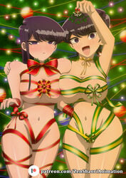 2girls areola_slip belly big_breasts blush blush_lines breast_to_breast christmas daughter duo duo_focus female female_focus female_only gift_wrapped green_ribbons holidays komi-san_wa_komyushou_desu komi_shouko komi_shuuko looking_at_viewer milf mistletoe mother mother_and_daughter multiple_girls naked_ribbon navel pov pov_eye_contact red_ribbon ribbon ribboned_body smile standing zenshaori