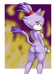 anthro ass blaze_the_cat clothing domestic_cat felid feline felis female fire gloves handwear hi_res looking_at_viewer looking_back mammal nude png rear_view sega sleepiitreat solo sonic_(series) sonic_the_hedgehog_(series)