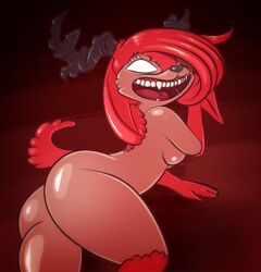 2021 anthro ass biped breasts canid canid_demon demon digital_media_(artwork) female fur gloves_(marking) grinion_(species) hair hair_over_eye horn little_laughters mammal markings one_eye_obstructed open_mouth open_smile red_background red_body red_fur red_hair side_boob simple_background skashi95 smile solo tan_body tan_fur white_eyes