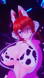 1girls 3d ahoge animal_ears blue_eyes blush breasts breasts_bigger_than_head breasts_out cow_print cow_print_bikini eyes_visible_through_hair fox_ears fox_girl ginger_hair glubbable heart-shaped_pupils horns huge_breasts large_breasts light-skinned_female light_skin solo solo_female solo_focus succubus unzipped unzipped_jacket virtual_youtuber vrchat vrchat_avatar wings