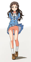 arms_behind_back ass_visible_through_thighs bangs blouse blue_blouse blush brown_eyes brown_footwear brown_hair closed_mouth clothes_lift collared_blouse commentary_request commission cross-laced_footwear female female frown idolmaster idolmaster_million_live! kitazawa_shiho lielos long_hair looking_at_viewer miniskirt neck_ribbon neckerchief no_panties partial_commentary pixiv_request pleated_skirt pubic_hair pussy ribbon shadow shoes short_sleeves single_horizontal_stripe skirt skirt_lift socks solo standing sweatdrop white_legwear white_neckerchief wind wind_lift