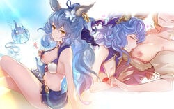 2girls bikini blonde_hair blue_hair blush breast_sucking breasts djeeta_(granblue_fantasy) drooling erune ferry_(granblue_fantasy) flower ghost granblue_fantasy hair_flower hair_ornament highres long_hair looking_at_viewer medium_breasts multiple_girls one_breast_out reki_(dezuko) saliva saliva_trail short_hair smile surprised swimsuit tongue tongue_out yuri