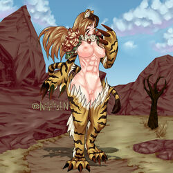 animal_hands animal_legs breasts claws female jinko_(monster_girl_encyclopedia) long_hair monster_girl monster_girl_encyclopedia muscular_female nekomimi nipples nude nude_female only_female six_pack tail tiger tiger_girl