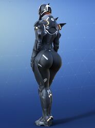 1girls armor ass back_view big_ass big_butt black_armor blue_background dat_ass female female_only fortnite helmet human oblivion_(fortnite) slim_waist small_waist standing thick_thighs wotm8h8