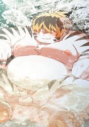 2022 anthro bara barazoku belly blush censored dosanco15 erection felid fur genitals hi_res humanoid_genitalia humanoid_hands humanoid_penis kemono licho_(tokyo_afterschool_summoners) lifewonders male mammal moobs nipples outside overweight overweight_male pantherine penis sitting small_penis snow solo tiger tokyo_afterschool_summoners video_games water white_body white_fur