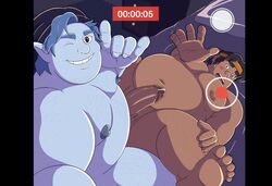 2021 anthro barley_lightfoot bed belly blue_body blush crossover disney duo elf furniture gendomx hi_res human humanoid humanoid_hands hunk_(legendary_defender) lying male male/male male_only mammal moobs nipples one_eye_closed onward_(2020) overweight overweight_male pixar recording sex voltron voltron:_legendary_defender wink