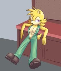 abs anthro big_breasts bodily_fluids boots breasts canid canine canis clothing ellie_the_wolf fan_character female footwear fours_(artist) fur hi_res jumpsuit mammal muscular muscular_female pubes purple_eyes sega solo sonic_(series) sonic_the_hedgehog_(series) sweat torn_clothing torn_sleeves wolf yellow_body yellow_fur