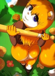 anthro ass baseball_bat bat_(object) big_butt blue_eyes boots bottomless bottomwear breasts candy chocolate clothed clothing conker conker's_bad_fur_day dessert female flower food footwear forest fungus fur hotpants looking_at_viewer looking_back mammal mushroom orange_body orange_fur plant rareware rodent rule_63 sciurid shorts shortstack smile solo sweater topwear tree video_games young zaviel