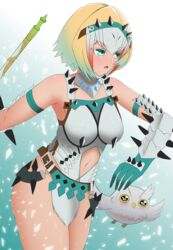 1girls alternate_costume armpits bare_thighs barioth_(armor) blonde_hair blue_eyes breasts crossover feh_(fire_emblem) female_only fire_emblem fire_emblem_heroes fjorm_(fire_emblem) gloves medium_breasts monster_hunter multicolored_hair nintendo outdoors pibu short_hair snow solo thighs weapon