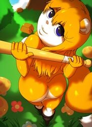 anthro ass baseball_bat bat_(object) big_butt blue_eyes boots bottomless breasts candy chocolate clothed clothing conker conker's_bad_fur_day dessert female flower food footwear forest fungus fur looking_at_viewer looking_back mammal mushroom nude orange_body orange_fur plant rareware rodent rule_63 sciurid shortstack smile solo tree video_games young zaviel