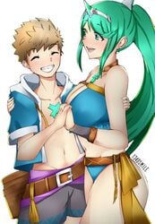 1340smile 1boy 1girls alternate_costume bikini blue_bikini blue_swimsuit breasts cleavage cosplay crossover fire_emblem fire_emblem:_the_blazing_blade fire_emblem_heroes green_eyes green_hair large_breasts lyn_(fire_emblem)_(cosplay) nintendo pneuma_(xenoblade) ponytail rex_(xenoblade) smile swimsuit xenoblade_(series) xenoblade_chronicles_2