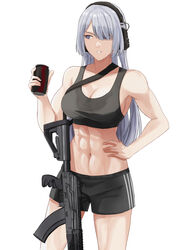 abs ak-15 ak-15_(girls'_frontline) assault_rifle bangs black_shorts black_sports_bra breasts can cleavage cola collarbone cyka drink eyebrows_visible_through_hair feet_out_of_frame female girls'_frontline gun hair_between_eyes hand_on_hip headphones headset highres holding holding_drink holding_jar jar kalashnikov_rifle long_hair looking_away medium_breasts muscular muscular_female open_mouth purple_eyes rifle shorts silver_hair soda soda_can solo sports_bra sportswear standing sweat target teeth weapon white_background