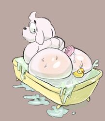 1boy anthro ass ass_focus balls bathing bathtub big_butt canid canine canis dogamy domestic_dog gay genitals hi_res huge_butt male mammal royal_guard_(undertale) simplybobcat solo undertale undertale_(series) video_games