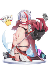 absurdres admiral_graf_spee_(azur_lane) admiral_graf_spee_(world's_cutest)_(azur_lane) azur_lane body_writing breasts cameltoe claws cleft_of_venus female fish_tail hair_ornament highres idol kneeling leg_belt lightning_bolt_hair_ornament lightning_bolt_symbol manjuu_(azur_lane) mechanical_hands mk.sweet multicolored_hair navel nipples official_alternate_costume pussy shark_tail simple_background skindentation small_breasts streaked_hair tail white_background