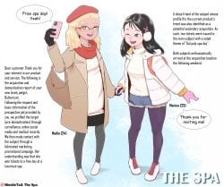 2girls backpack black_hair blonde_hair buttons coat cold coupon deception domestication earmuffs english_text eyebrows femsub flower friends glasses gloves gray_eyes green_eyes hair_clip hair_ornament handbag hat high_heels holding_hands jacket lies lipstick maledom nimbletail number ominous phone phone_case pocket renamed scarf short_shorts simple_background skirt spa stalking stockings sweater text wink