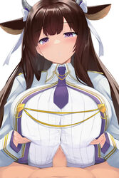 1boy 1girls animal_ears azur_lane bangs blush breasts brown_hair censored clothed_female_nude_male clothed_sex cow_ears cow_girl cow_horns criss-cross_halter erection eyebrows female hair_ornament hair_ribbon halterneck highres horns huge_breasts kashino_(azur_lane) light-skinned_female light-skinned_male light_skin long_hair looking_at_viewer nude open_mouth paizuri paizuri_under_clothes pen_(pen3) penis purple_eyes ribbon sakura_empire_(azur_lane) simple_background solo_focus sweater