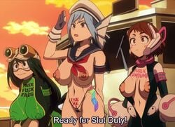 3girls accurate_art_style big_breasts blush body_writing bodysuit caption condom condom_packet_strip edit exhibitionism exposed_breasts female_only free_use functionally_nude g-string hero_outfit_(mha) huge_breasts monkeyman_(artist) multiple_girls my_hero_academia nipple_bulge ochako_uraraka open_clothes prostitution public_use salute screenshot screenshot_edit shounen_jump sirius_(my_hero_academia) size_difference skin_tight thong tsuyu_asui