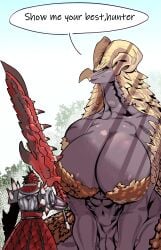 9:14 absurd_res anthro big_breasts breasts capcom duo elder_dragon english_text female genitals hi_res huge_breasts human knight_on_monster kulve_taroth larger_anthro larger_female lemonbizate_(artist) male mammal monster_hunter muscular muscular_female pussy size_difference smaller_human smaller_male text video_games