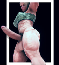 3d blonde_hair censored erection futa_only futanari hdregrets large_penis looking_at_viewer muscular muscular_futanari pubic_hair short_hair worm's-eye_view