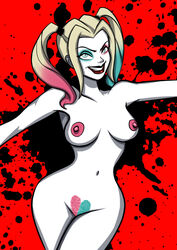 1girls blue_eyes boobs breasts curvaceous curves curvy curvy_body curvy_figure dc dc_comics female female_only hairy_pussy harley_quinn harley_quinn_(series) medium_breasts nipples pigtails pink_nipples pubic_hair red_lipstick solo solo_female strangerousart tits two_tone_hair two_tone_pubic_hair white_skin