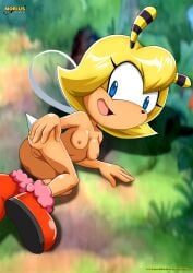 archie_comics bbmbbf blue_eyes breasts clothing furry hand_on_ass lying_down lying_on_side mobius_unleashed palcomix pussy saffron_bee sega showing_ass sonic_(series) sonic_the_hedgehog_(series) yellow_hair