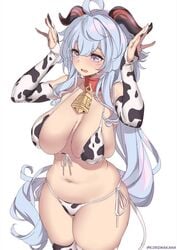 ahoge animal_print arms_up bangs bare_shoulders bell bikini blue_hair breasts collarbone covered_nipples cow_print cowbell female female foreshortening front-tie_bikini front-tie_top ganyu_(genshin_impact) genshin_impact goat_horns highres horns kanachirou long_hair looking_to_the_side navel open_mouth plump side-tie_bikini simple_background skindentation solo string_bikini swimsuit thick_thighs thighhighs thighs twitter_username very_long_hair