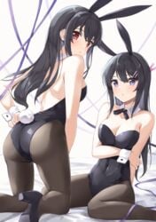 2girls adjusting_clothes animal_ears arm_around_waist arm_behind_back ass back backless_leotard bangs bare_shoulders bent_knees black_footwear black_hair black_hair_ornament black_hairband black_leotard blue_eyes blush breasts brown_legwear bunny_ears bunny_tail clavicle cleavage closed_mouth clothing covered_navel crossover eyebrows_visible_through_hair fake_animal_ears fake_tail female female_only footwear hair_ornament hairband hairclip high_heels high_resolution kasumigaoka_utaha kneeling large_filesize legwear leotard long_hair looking_at_viewer marie_(pixiv31942978) medium_breasts multiple_girls open_mouth pantyhose parted_lips playboy_bunny red_eyes saenai_heroine_no_sodatekata sakurajima_mai seishun_buta_yarou_wa_bunny_girl_senpai_no_yume_wo_minai shoes simple_background sitting strapless strapless_leotard tail very_high_resolution wariza white_background wrist_cuffs