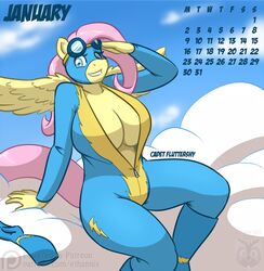 2017 anthro anthrofied big_breasts breasts clothed clothing cloud equine ethanqix eyewear feathered_wings feathers female fluttershy_(mlp) friendship_is_magic gloves goggles hair huge_breasts long_hair mammal my_little_pony on_cloud outside patreon pegasus pink_hair salute sitting skinsuit solo tight_clothing unzipped wings