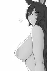 against_wall animal_ears blush breasts completely_nude erune eyebrows_visible_through_hair female from_side granblue_fantasy greyscale heart highres ilsa_(granblue_fantasy) large_breasts long_hair looking_at_viewer lvl lvl_(sentrythe2310) monochrome nipples nude sagging_breasts sidelocks solo