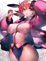 1girls breasts clothing coat female female_focus female_only fumio_(rsqkr) game_freak light-skinned_female light_skin looking_at_viewer miltank_(cosplay) nintendo pale-skinned_female pale_skin pink_clothing pokeball pokemon pokemon_(cosplay) pokemon_gsc red_eyes red_hair short_hair simple_background solo solo_female solo_focus thick_thighs whitney_(pokemon) wide_hips