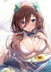 1girls ale_nqki arm_support arm_under_breasts bare_arms bare_legs bare_shoulders bent_over big_breasts bikini blue_eyes blush blushing breasts bride brown_hair busty cleavage cute cute_face detached_collar embarrassed eyebrows_visible_through_hair eyes_visible_through_hair female female_only flower flower_in_hair go-toubun_no_hanayome hair_between_eyes hair_ornament hairband huge_breasts kneeling light-skinned_female light_skin long_hair nakano_miku object_in_mouth partially_submerged petals pinup shy solo solo_female solo_focus swimsuit table veil water white_bikini