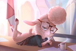 amarihel clothing dawn_bellwether desk feet female furry glasses lying_on_stomach no_panties skirt skirt_up solo zootopia zootropolis