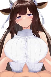 1boy 1girls animal_ears azur_lane bangs bare_shoulders blush breasts brown_hair censored clothed_female_nude_male clothed_sex cow_ears cow_girl cow_horns criss-cross_halter erection eyebrows female hair_ornament hair_ribbon halterneck highres horns huge_breasts kashino_(azur_lane) light-skinned_female light-skinned_male light_skin long_hair looking_at_viewer nude open_mouth paizuri paizuri_under_clothes pen_(pen3) penis purple_eyes ribbon sakura_empire_(azur_lane) simple_background sleeveless sleeveless_turtleneck solo_focus sweater turtleneck turtleneck_sweater