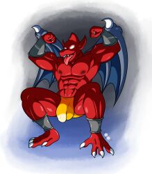 1boy abs absurd_res artist_logo artist_name bald balls_outline bulge capcom claws clothing demon demon's_crest dg254 firebrand flaccid flaccid_penis flexing_bicep flexing_both_biceps gargoyle gargoyle's_quest ghosts_'n_goblins glowing glowing_eyes hi_res hoot_(owl_logo) humanoid male male_nipples male_only membranous_wings monster muscles muscular_humanoid muscular_male no_visible_genitalia pecs penis_outline pointy_ears pose red_arremer red_body red_skin smile solo speedo swimwear toe_claws tongue tongue_out white_eyes wings