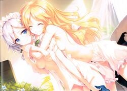 2girls ^^ big_breasts blonde_hair bloomers blue_eyes blue_hair blush bottomless bow braid breasts closed_eyes crotchless crotchless_bloomers cute dress_shirt hairbow hat hat_removed headwear_removed hug hug_from_behind ke-ta long_hair maid_headdress marisa_kirisame multiple_girls naked_shirt navel nipples no_bra no_panties open_clothes open_shirt sakuya_izayoi shirt silver_hair small_breasts smile topless touhou twin_braids underwear underwear_only white_bloomers witch_hat yuri