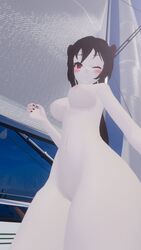 1girls areola belly black_hair breasts demon devil horns ivorydevil light-skinned_female light_skin looking_at_viewer naked nipples ponytail red_eyes red_hair red_highlights solo vrchat