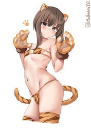 1girls animal_ears animal_print bangs blush bra breasts brown_eyes brown_hair closed_mouth clothing cowboy_shot ebifurya eyebrows_visible_through_hair eyepatch_bikini female flat_chest grey_eyes hands_up highres kantai_collection long_hair looking_at_viewer matching_underwear navel orange_legwear panties simple_background solo taihou_(kantai_collection) tail thighhighs thighs tiger_ears tiger_print tiger_tail twitter_username underwear white_background