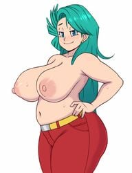 1girls areolae blue_eyes bulma_briefs bulma_briefs_(post_saiyan_saga) citrus_doodles dragon_ball dragon_ball_z female female_only green_hair huge_breasts light-skinned_female light_skin long_hair looking_at_viewer milf nipples partially_clothed shounen_jump solo solo_female