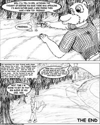 2002 4:5 anthro backpack biped bottomwear canid canine clothed clothing comic dci dialogue duo english_text footprint fox gesture graphite_(artwork) greyscale hair handshake holding_butt larger_male macro male male/male mammal micro monochrome muscular muscular_male pencil_(artwork) size_difference size_play smaller_male speech_bubble text topwear traditional_media_(artwork) ursid