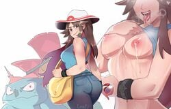 1girls ambiguous_gender areolae ass bag big_ass big_breasts blush breasts female hat hentaly lactation leaf_(pokemon) long_hair nintendo nipples pokémon_(species) poke_ball pokemon pokemon_rgby shirt_lift standing thick_thighs thighs tight_clothing tight_pants tongue_out venusaur