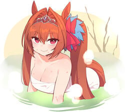 1girls :) animal_ears bare_shoulders bathing bent_over big_breasts blush bow breasts brown_hair chan_co cleavage collarbone curvaceous curvy cute cute_fang daiwa_scarlet_(umamusume) eyebrows_visible_through_hair female female_only hair_between_eyes hair_intakes hairbow highres horse_ears horse_girl horse_tail huge_breasts large_breasts leaning_forward light-skinned_female light_skin long_hair looking_at_viewer naked_towel naughty_face oerba_yun_fang onsen partially_submerged red_eyes smile smug solo solo_female steam tail tiara towel twintails umamusume very_long_hair voluptuous water water_drop wet wet_hair