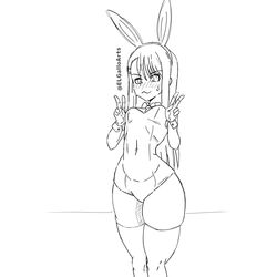 1girls blush breasts bunny_ears bunnysuit clothed clothing elgalloarts embarrassed female_focus female_only hayase_nagatoro leggings monochrome please_don't_bully_me,_nagatoro revealing_clothes simple_background small_breasts solo teenager thick_thighs thighhighs thighs white_background wide_hips