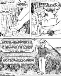 2002 4:5 animal_genitalia anthro backpack balls biped bottomwear canid canine clothed clothing comic dci dialogue duo english_text fox genitals graphite_(artwork) greyscale hair holding_character larger_male macro male male/male mammal micro micro_in_hand monochrome muscular muscular_male nude pencil_(artwork) sheath size_difference size_play smaller_male speech_bubble text topwear traditional_media_(artwork) ursid