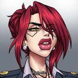 big_lips cybernetics cyberpunk earrings lips lipstick pathetic plump_lips raiounsfw red_hair thick_lips uniform vlora_"corpocunt" yellow_eyes