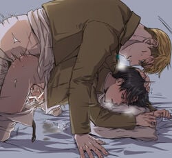 2boys aidmaeee anal anal_sex ass attack_on_titan censor_bar censored censored_penis clothing doggy_style erwin_smith gay hand_on_head head_grab jacket levi levi_ackerman male male_only male_penetrated male_penetrating male_penetrating_male penetration shingeki_no_kyojin