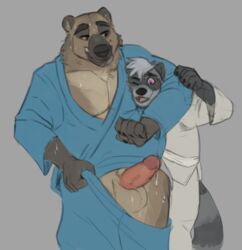 2022 anthro balls blush duo embrace erection genitals horrorbuns hug humanoid_hands keikogi male male/male mammal martial_arts_uniform penis procyonid raccoon sportswear