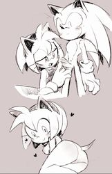 amy_rose anthro blush blushing_ears breasts monochrome pink_fur pink_hair sket sonic_(series) sonic_the_hedgehog touching_penis wet_panties