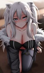 before_sex big_breasts blush cleavage clothed ginhaha hololive hololive_gen_5 hololive_japan imminent_sex leggings lion_ears looking_at_viewer on_knees removing_clothing removing_underwear shishiro_botan virtual_youtuber white_eyes white_hair